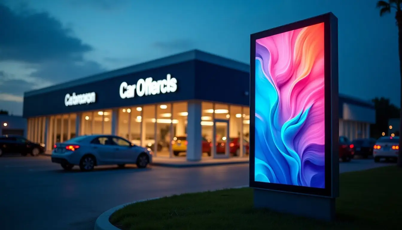 A vibrant digital sign outside a car dealership at dusk.