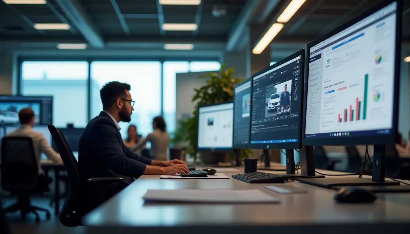 A bustling digital marketing office with multiple screens and CRM tools.