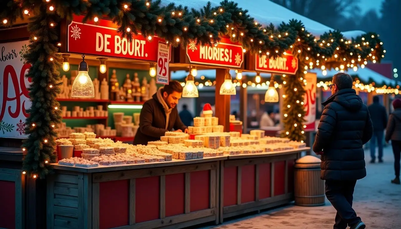 A festive outdoor market stall with seasonal products and special promotions.