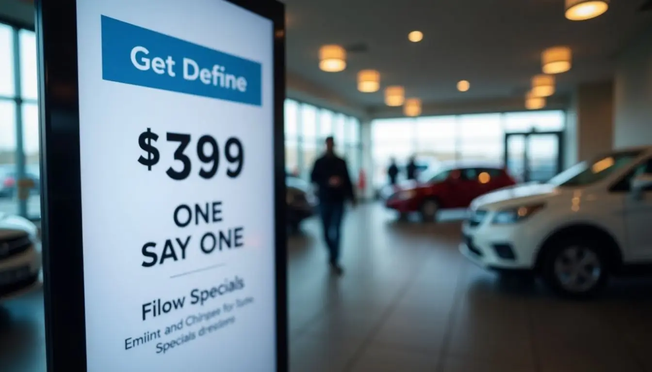 A digital sign in a car dealership showroom displays promotions.