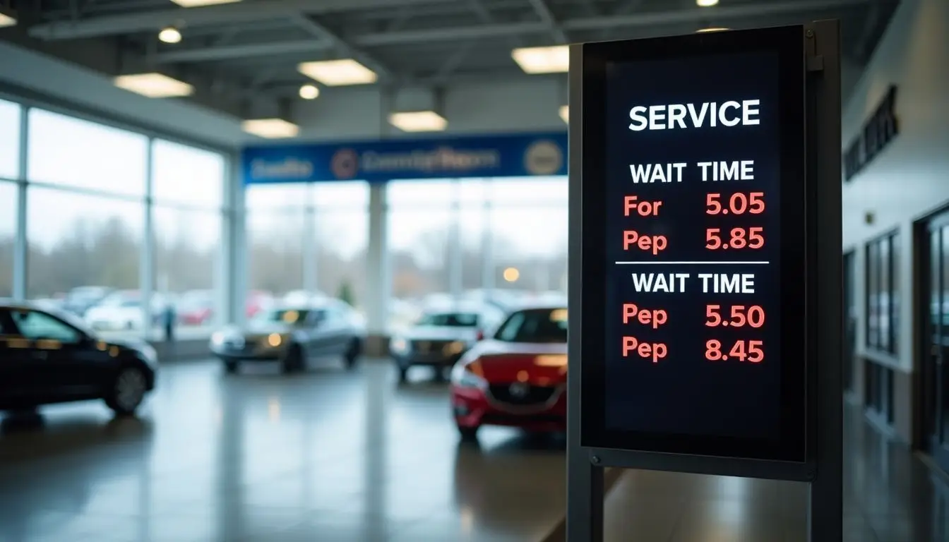 A digital sign in a car dealership service center displays wait times and services available.