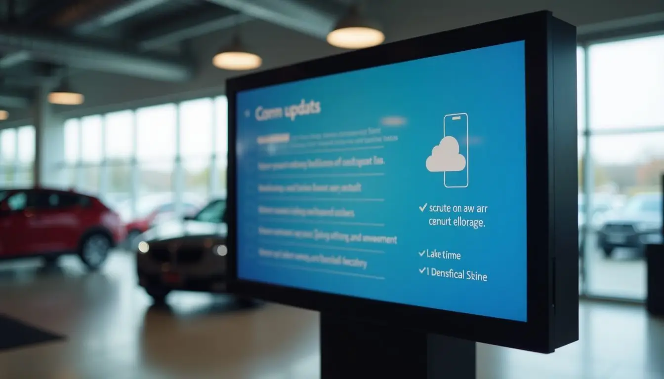 A digital signage display in a car dealership showroom shows real-time updates.