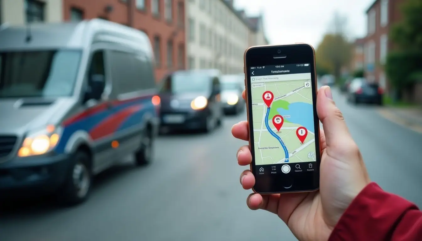 A mobile device displaying technician routes with fast-moving vehicles in background.