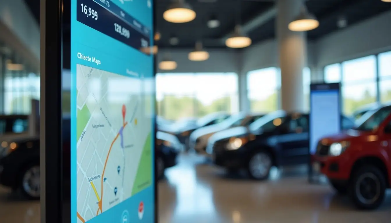 Digital signage in a modern car dealership displaying interactive maps and offers.