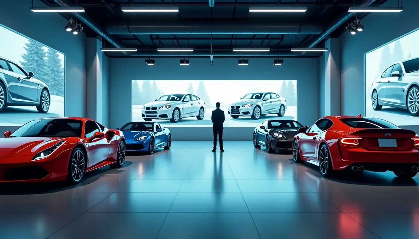 'A futuristic automotive showroom with digital signs showcasing car models.'