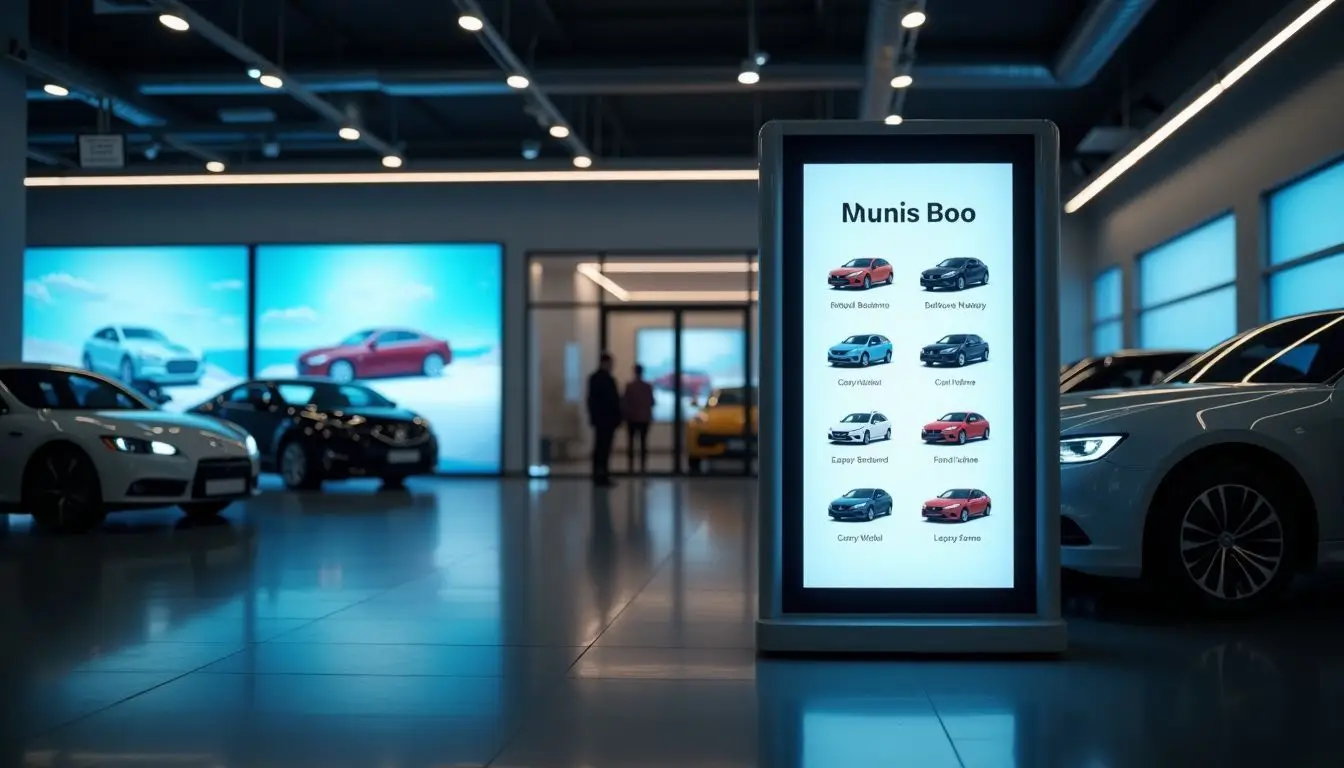 A digital sign outside a modern car dealership showroom displays latest models.