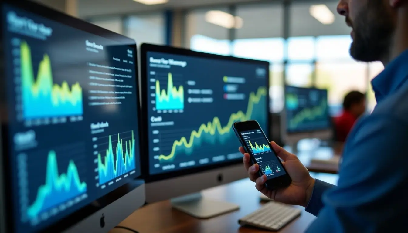 Real-time sales performance metrics displayed on digital dashboard in dealership office.