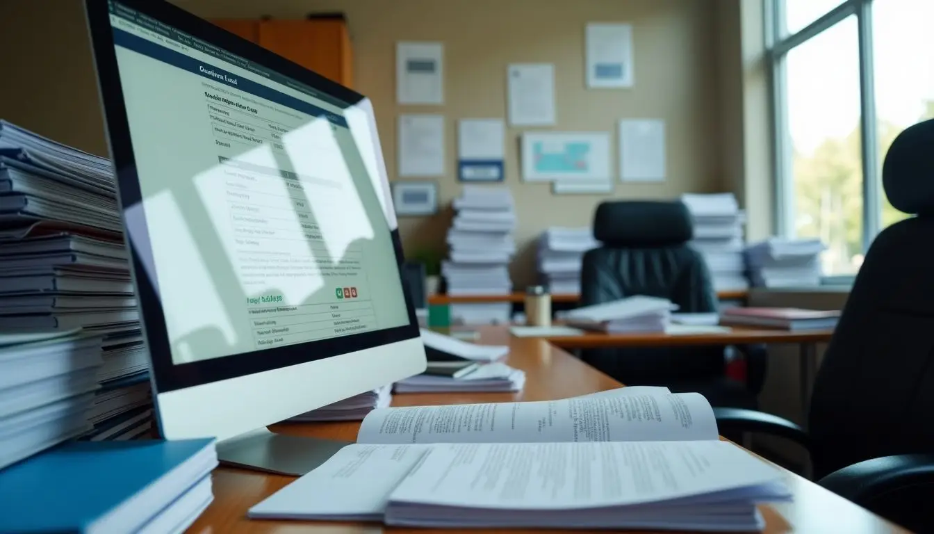 A cluttered dealership office with stacks of paperwork and customer leads.