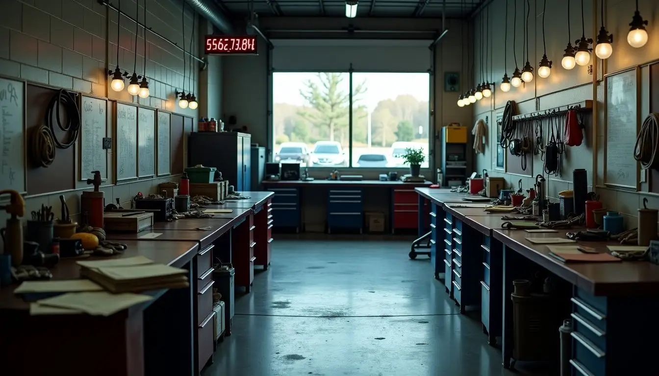 An untidy automotive repair shop with scattered tools and unfinished work.