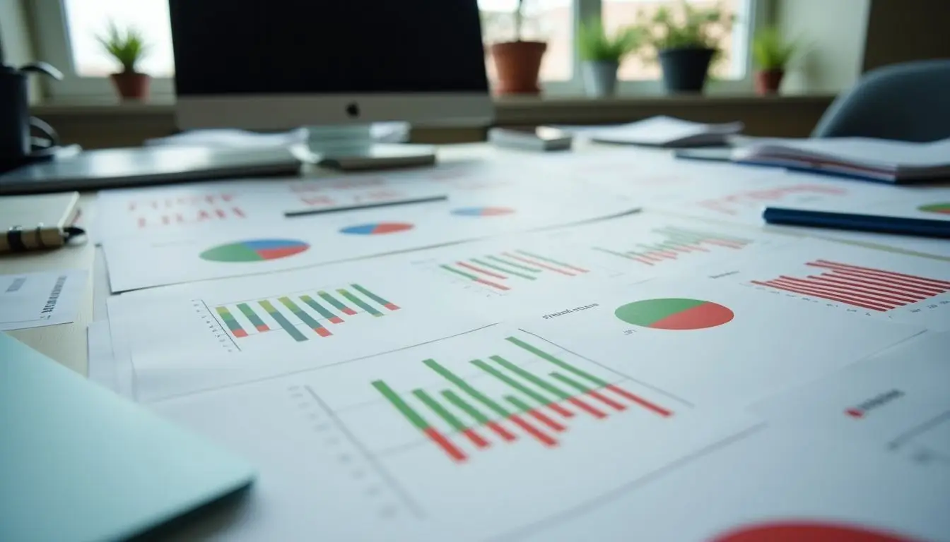 A cluttered office desk with scattered data charts and graphs.