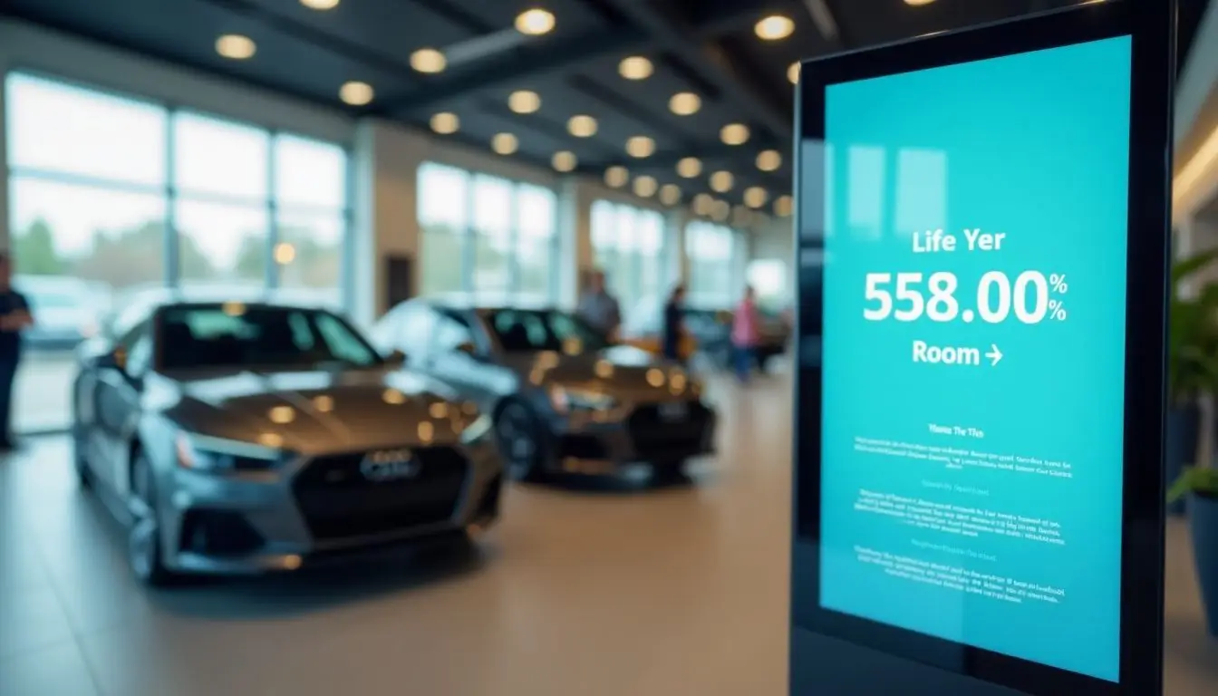 A digital sign in a car dealership showroom promoting a sleek vehicle.