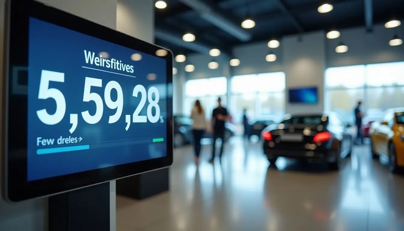 The image shows a modern automotive showroom with a digital pricing sign.