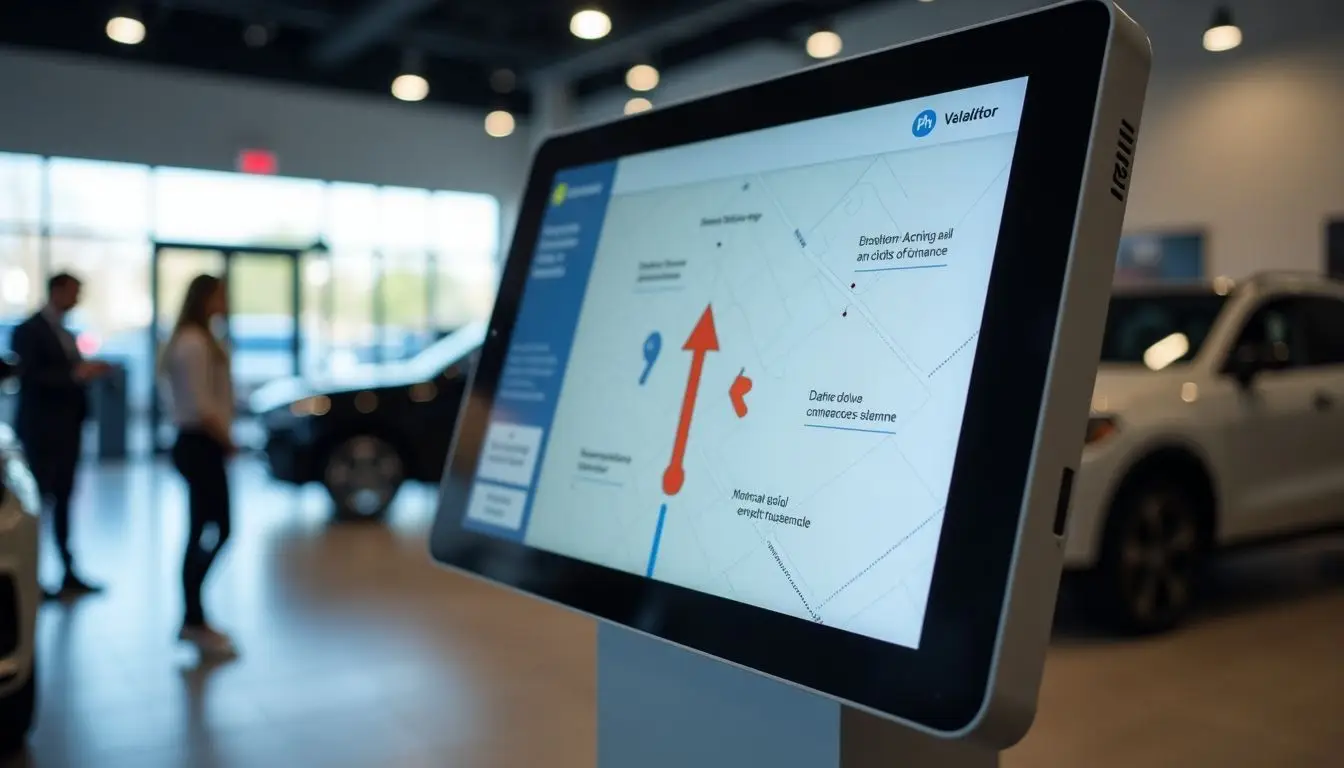 An interactive kiosk in a dealership showroom displaying a map.