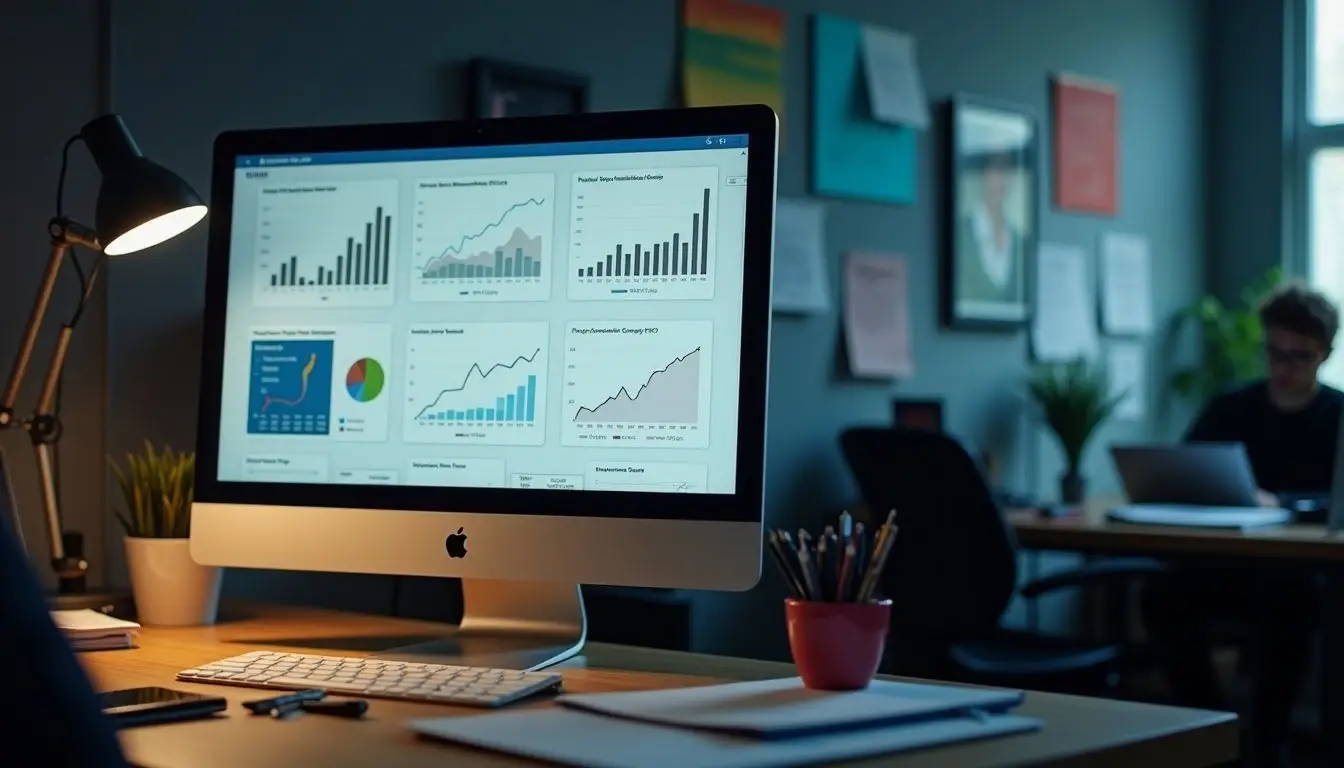 A cluttered office desk with computer displaying BDC performance metrics.