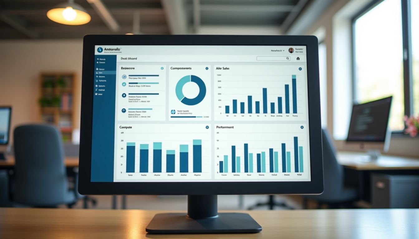 A digital dashboard displaying real-time sales performance in an office setting.