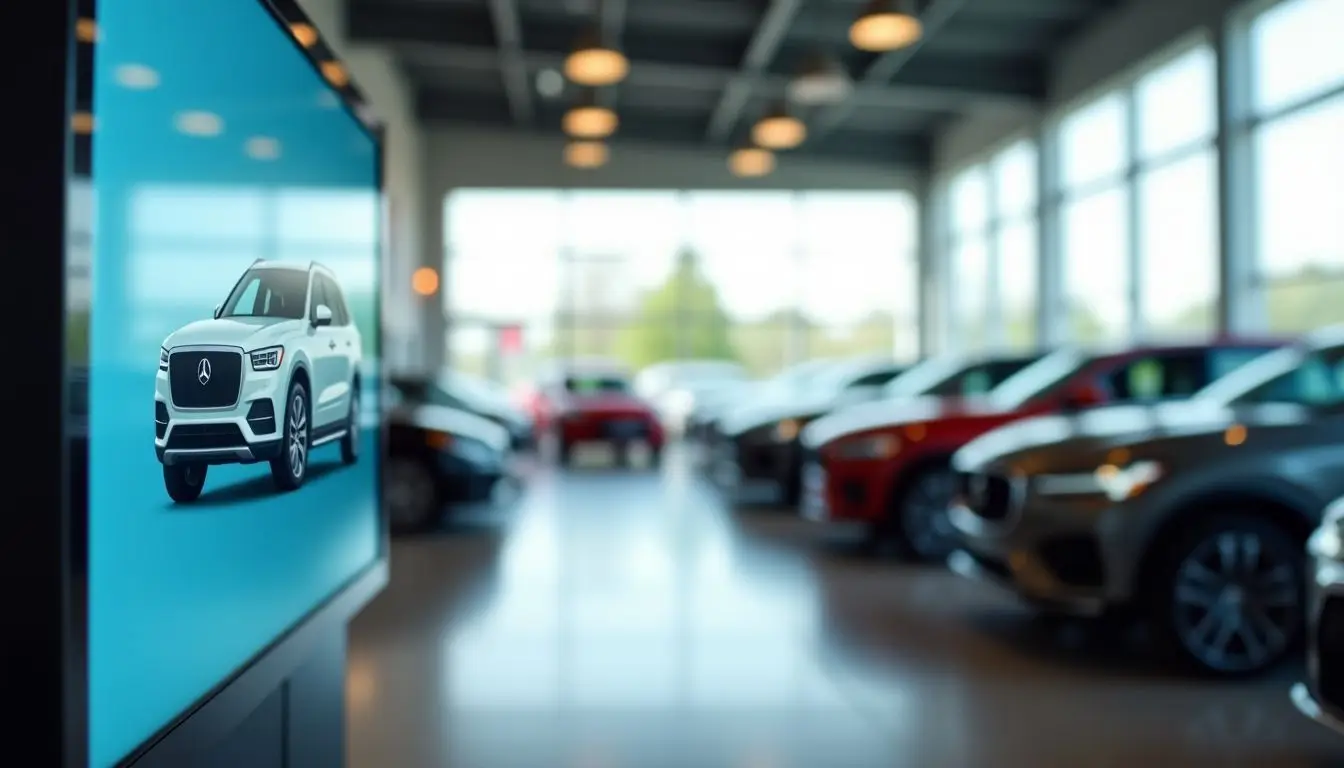 Digital signage display in car dealership showroom with changing vehicle information.