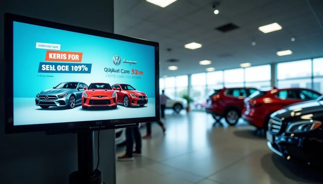 A car dealership showroom with digital display and new vehicle models.