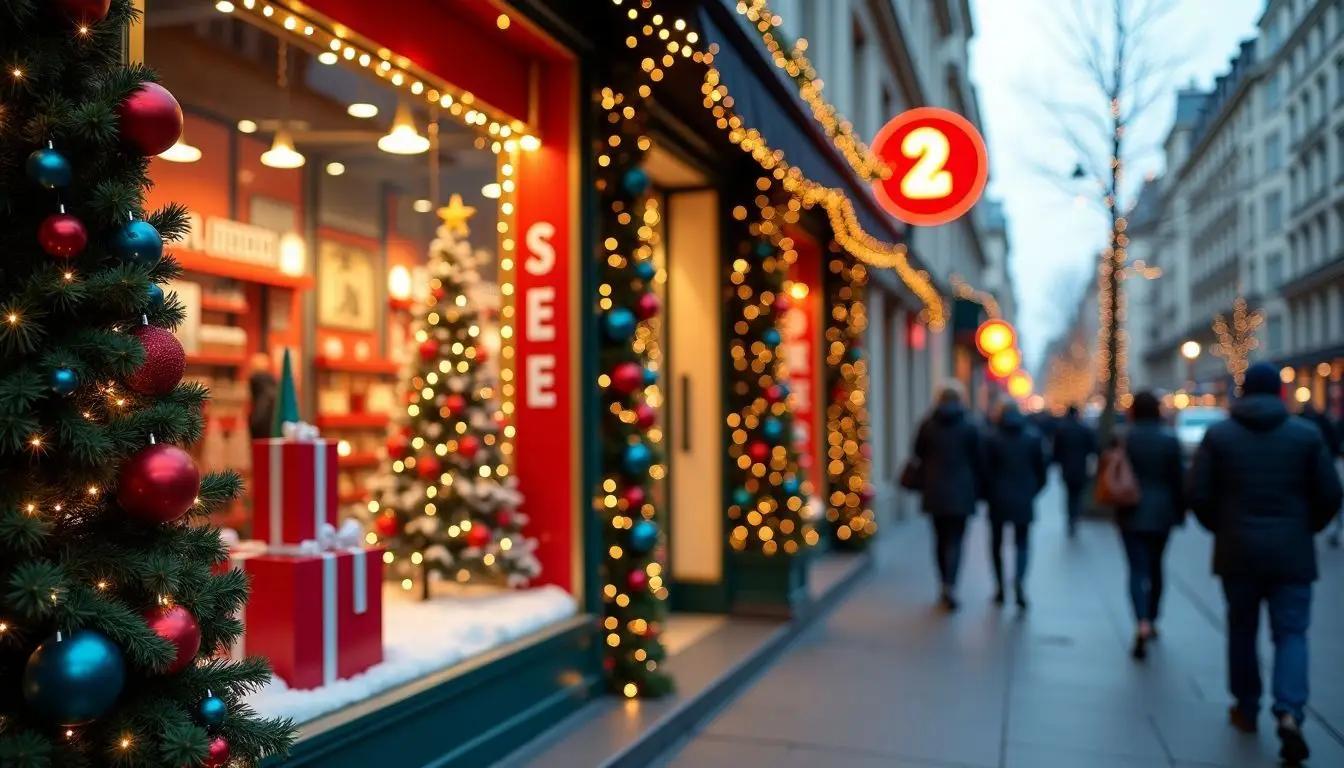 A festive storefront display with seasonal decorations and promotional signs.