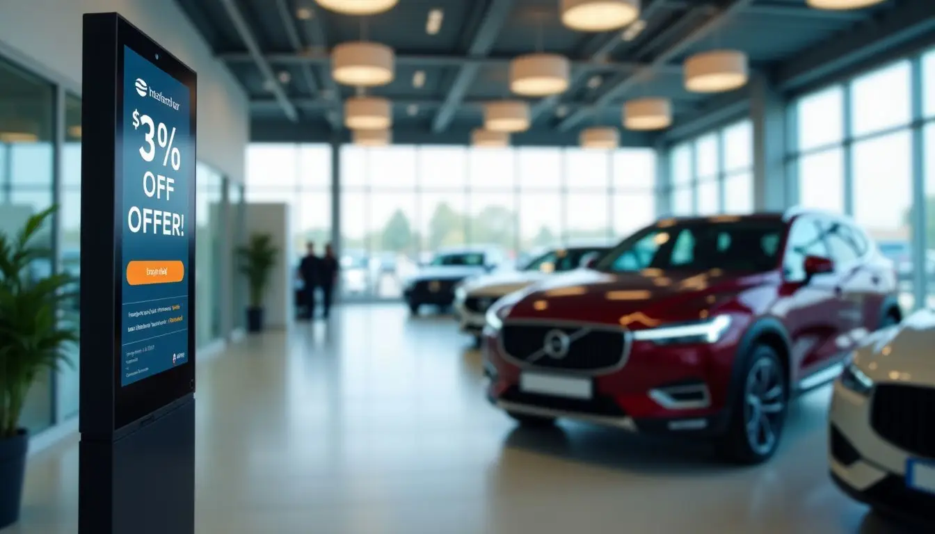 A modern dealership showroom displaying promotions and sleek cars.