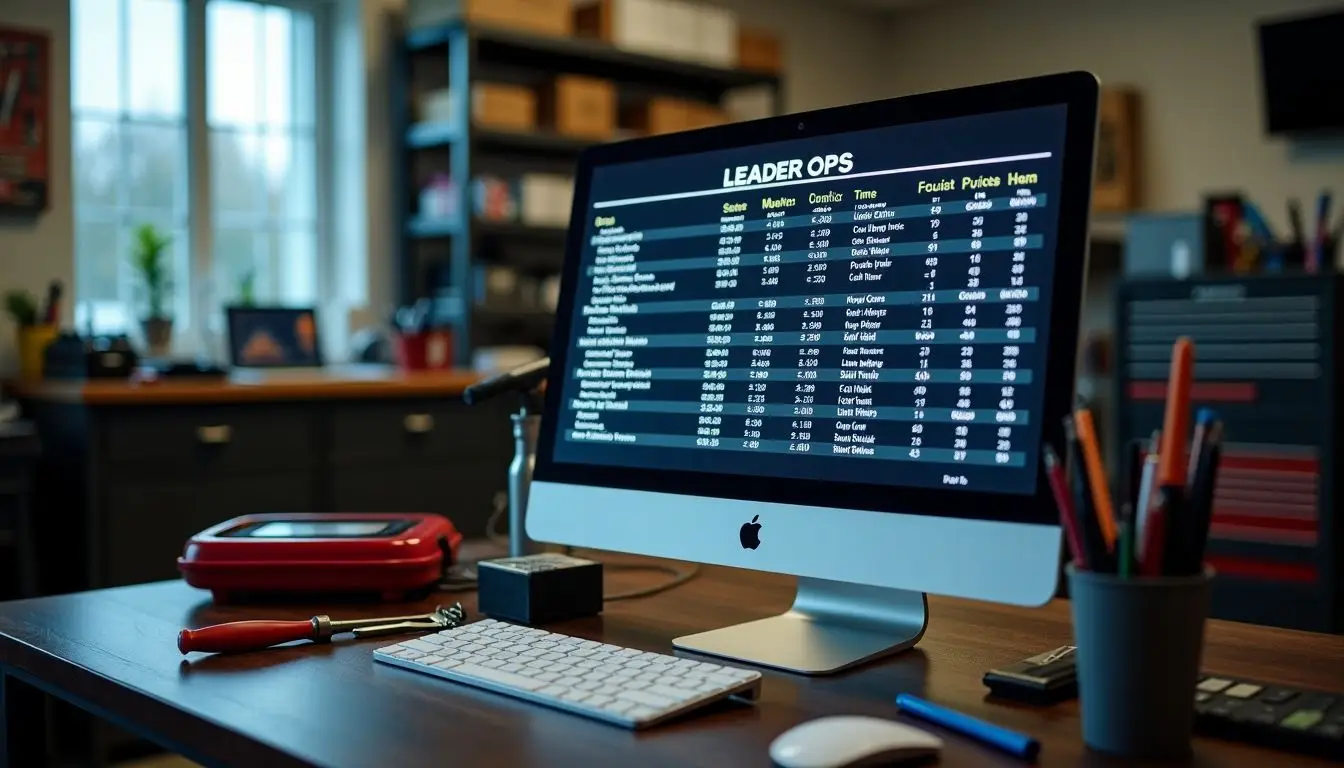 A digital fixed ops leaderboard is displayed on a computer screen in a service center.