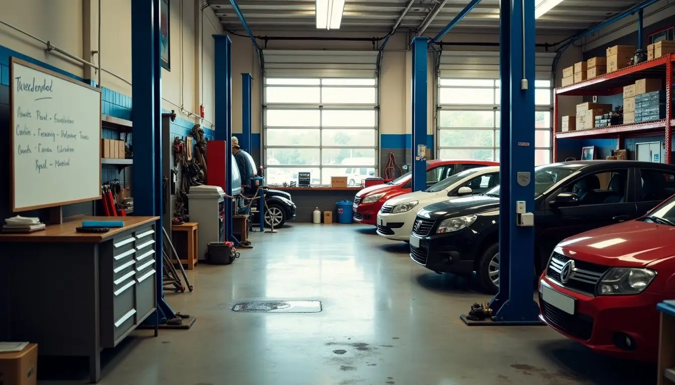 A cluttered garage workshop at a car dealership with tools and spare parts.