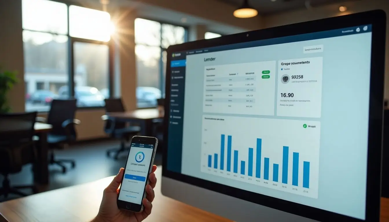 A CRM dashboard and phone displaying lead tracking alerts in an office.