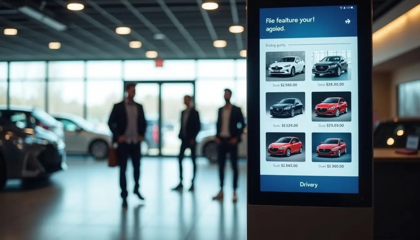 A digital sign in a car dealership showroom displays promotions.