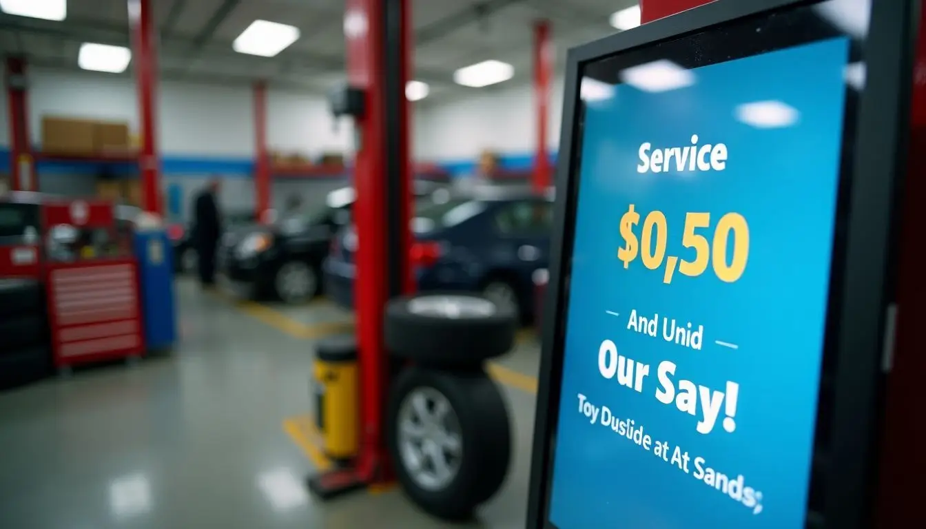 A digital signage screen promotes service specials in an auto shop.