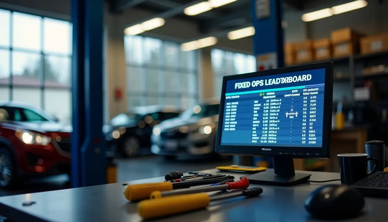 A digital fixed ops leaderboard displayed in a car dealership service center.