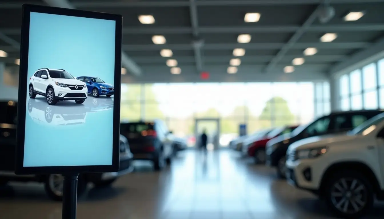 A digital sign in a car dealership showroom displays different car models.