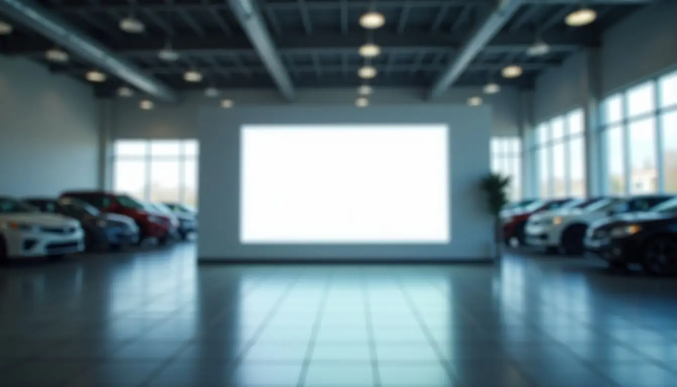 A dealership showroom with a large custom digital sign.