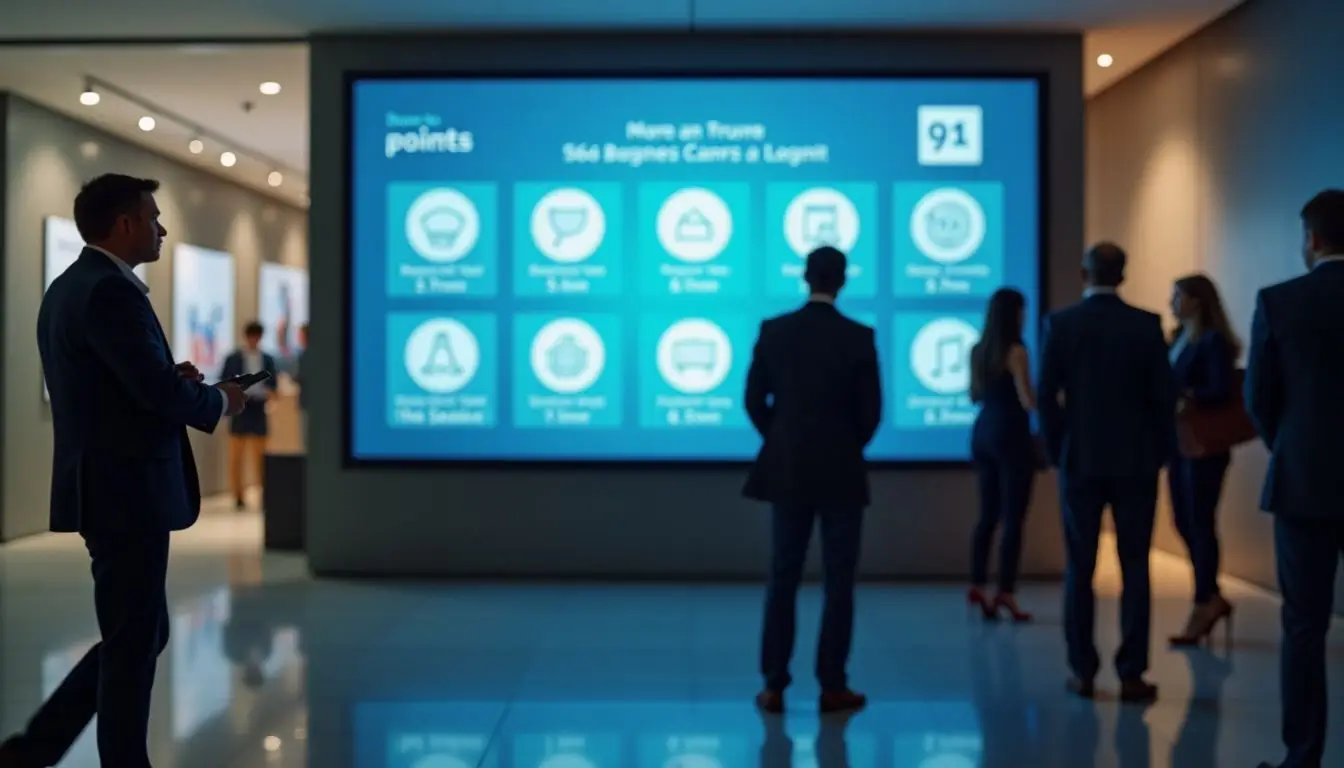 A digital sign display in a modern office lobby with interactive elements.