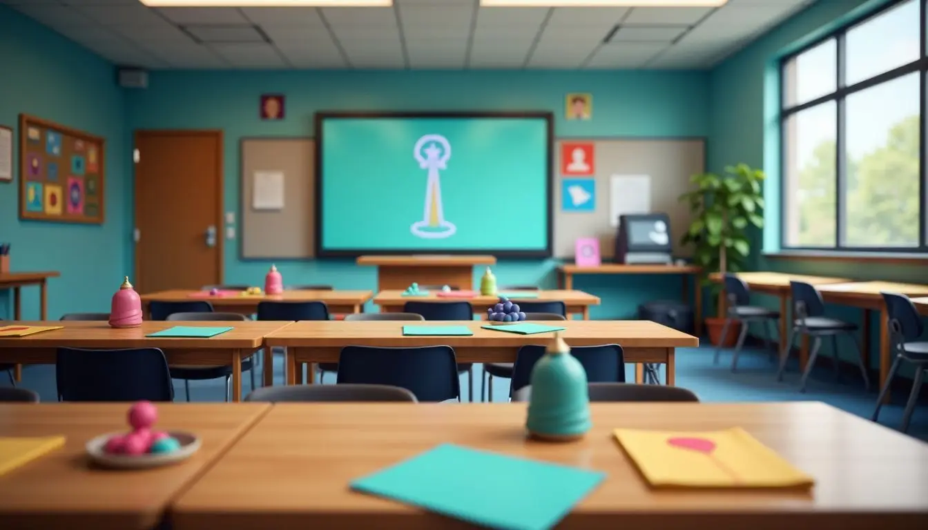 A game-based learning classroom with interactive elements and engaging visuals.