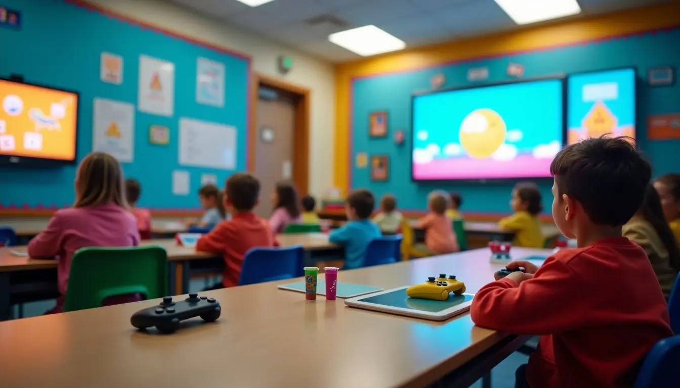 A colorful classroom with interactive digital screens for educational games.