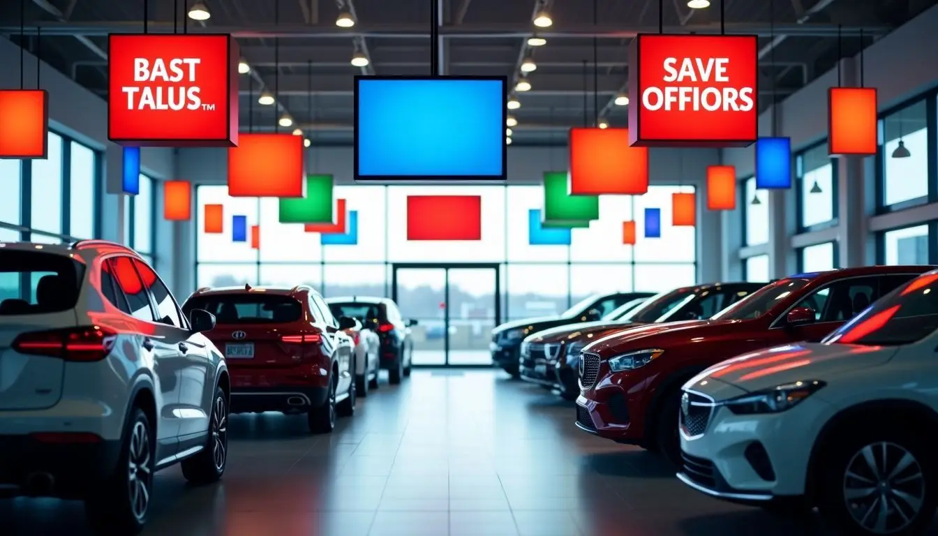 A car dealership showroom with colorful digital signs advertising vehicles and offers.