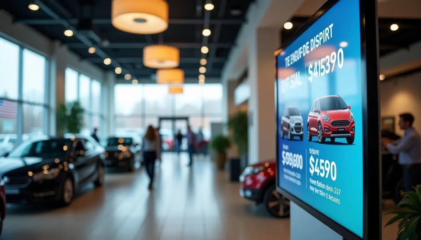 A digital sign in a car dealership showroom displays vehicles and offers.