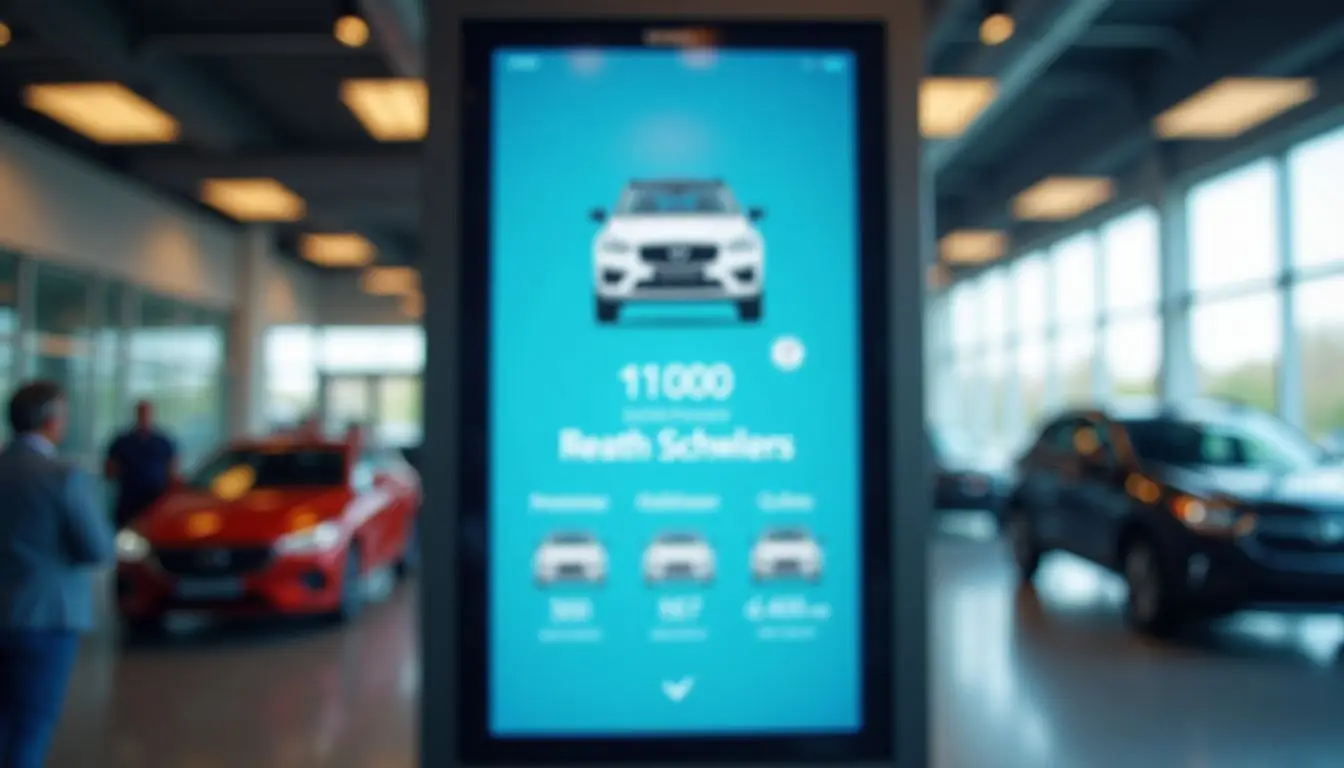 A digital sign in a car dealership showroom displays real-time vehicle inventory.