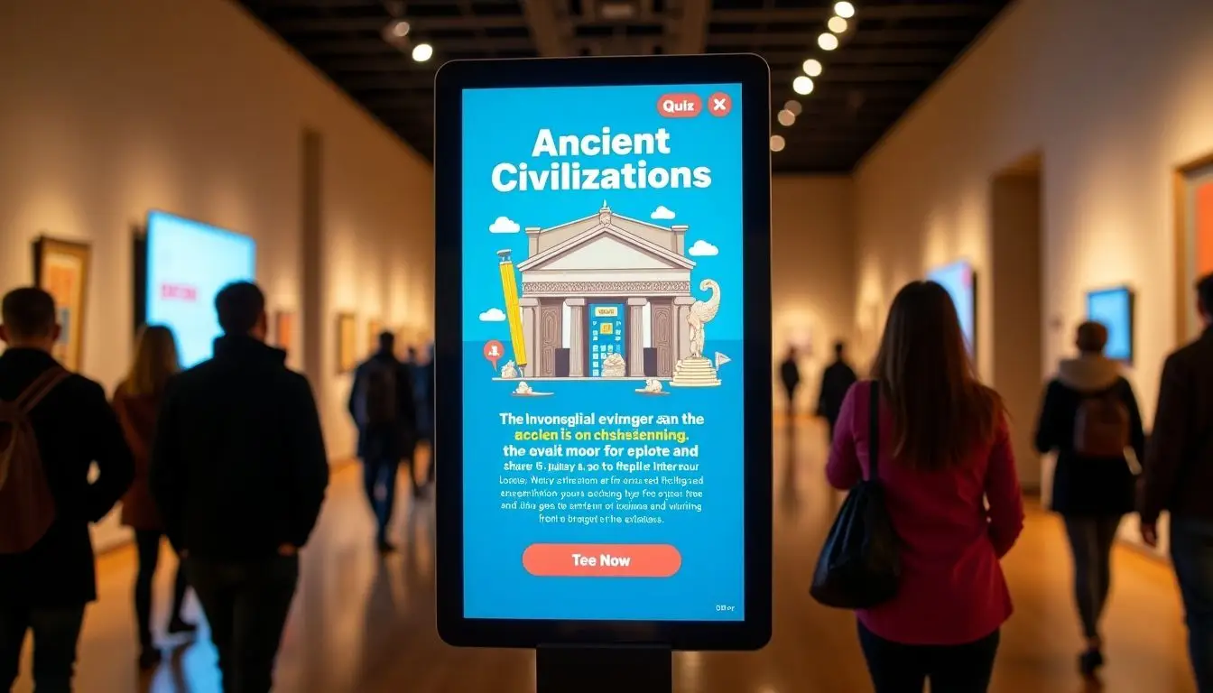 A digital signage display in a museum invites visitors to explore ancient civilizations.