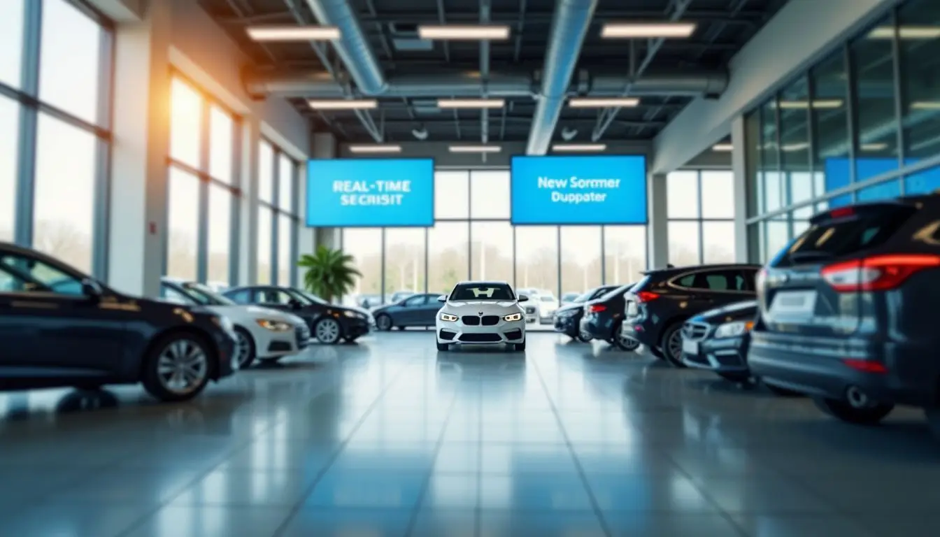 A modern car dealership office with digital signs and organized space.