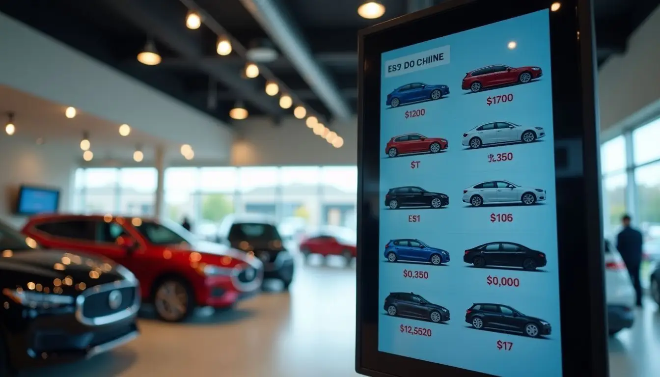 A digital sign in a car dealership showroom displaying car models and pricing.