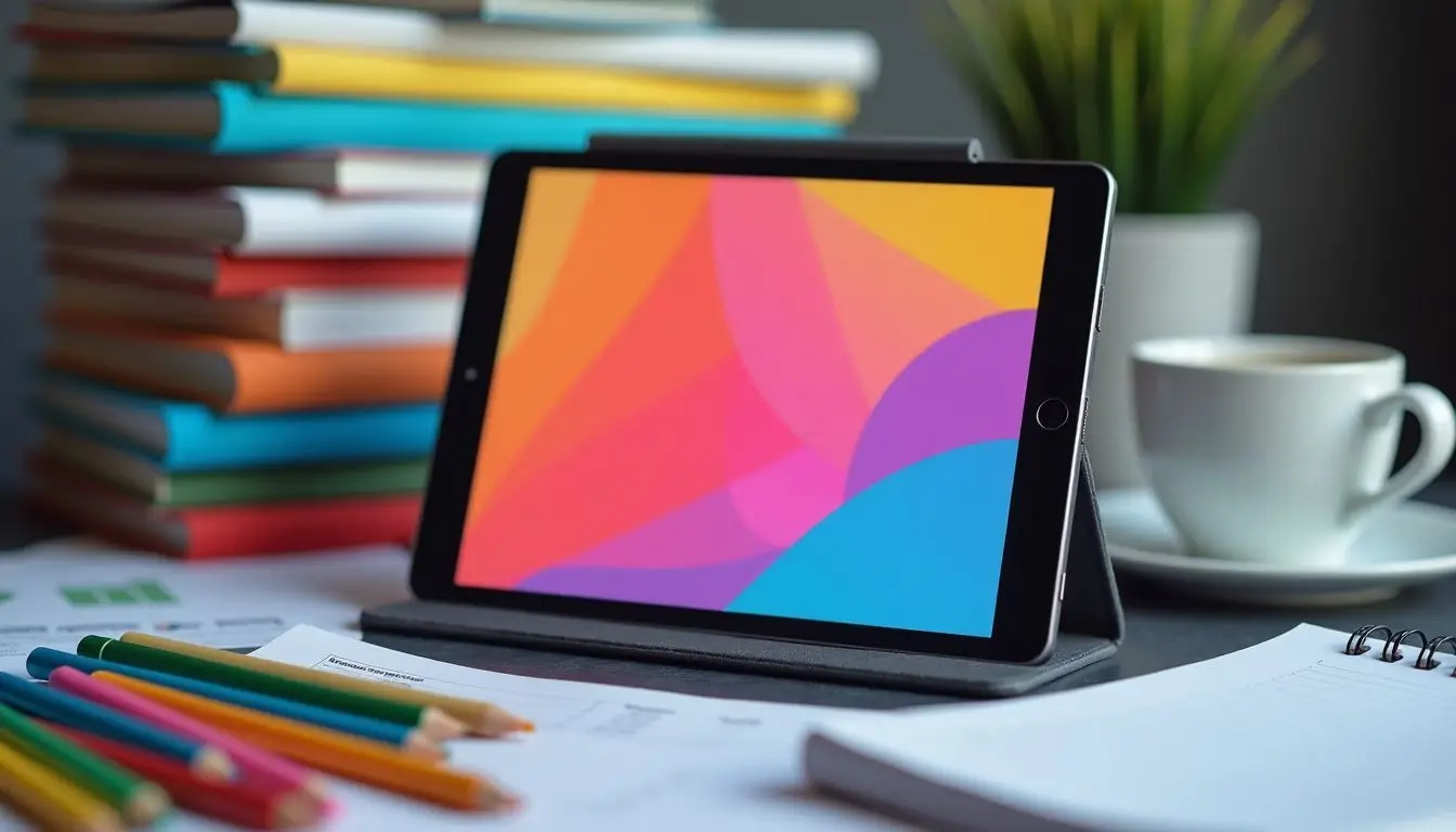 A tablet displaying a vibrant educational app on a cluttered desk.