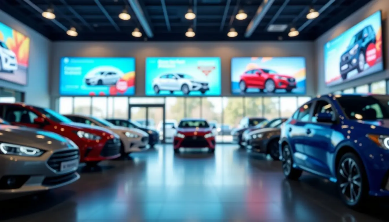 A modern car dealership showroom showcasing colorful promotions and vehicles.