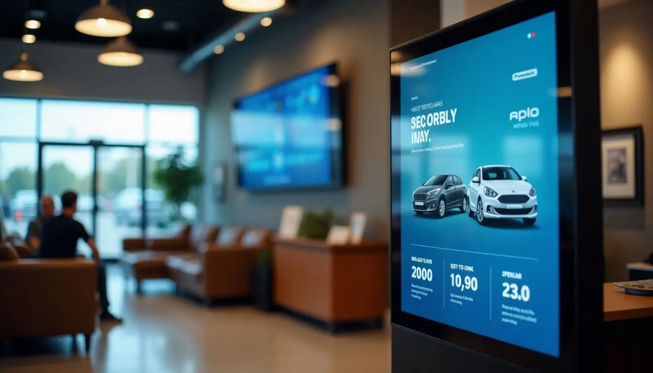 A car dealership waiting lounge with digital inventory display and promotions.