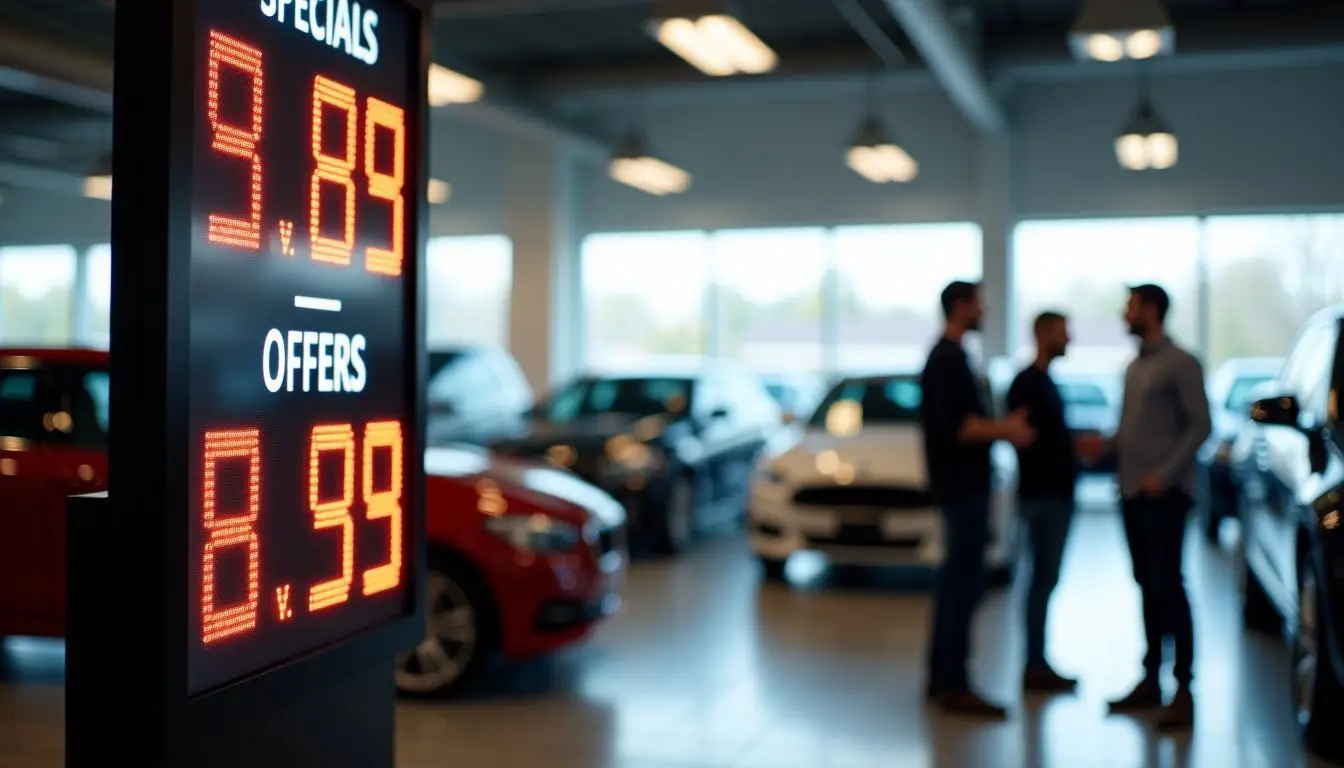 A digital sign in a car dealership showroom displays fluctuating prices and special offers.