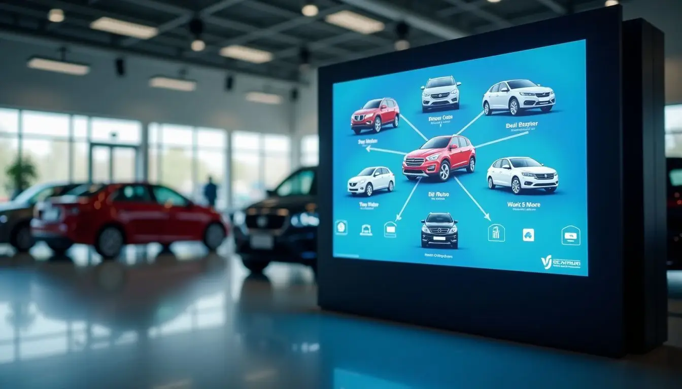 Digital sign in modern car dealership showroom displaying vehicle features.