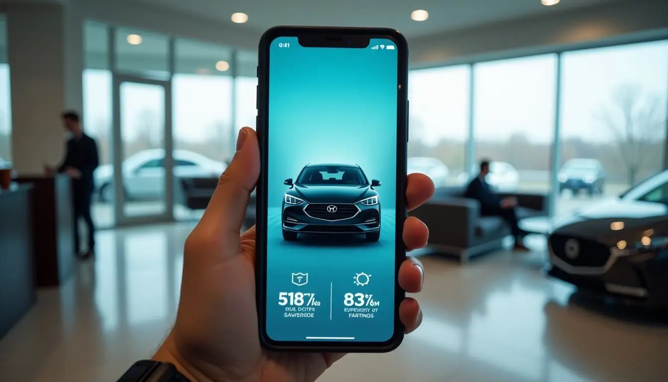 A digital display in a car dealership showroom showcasing a fuel-efficient, safe, and technologically advanced car.