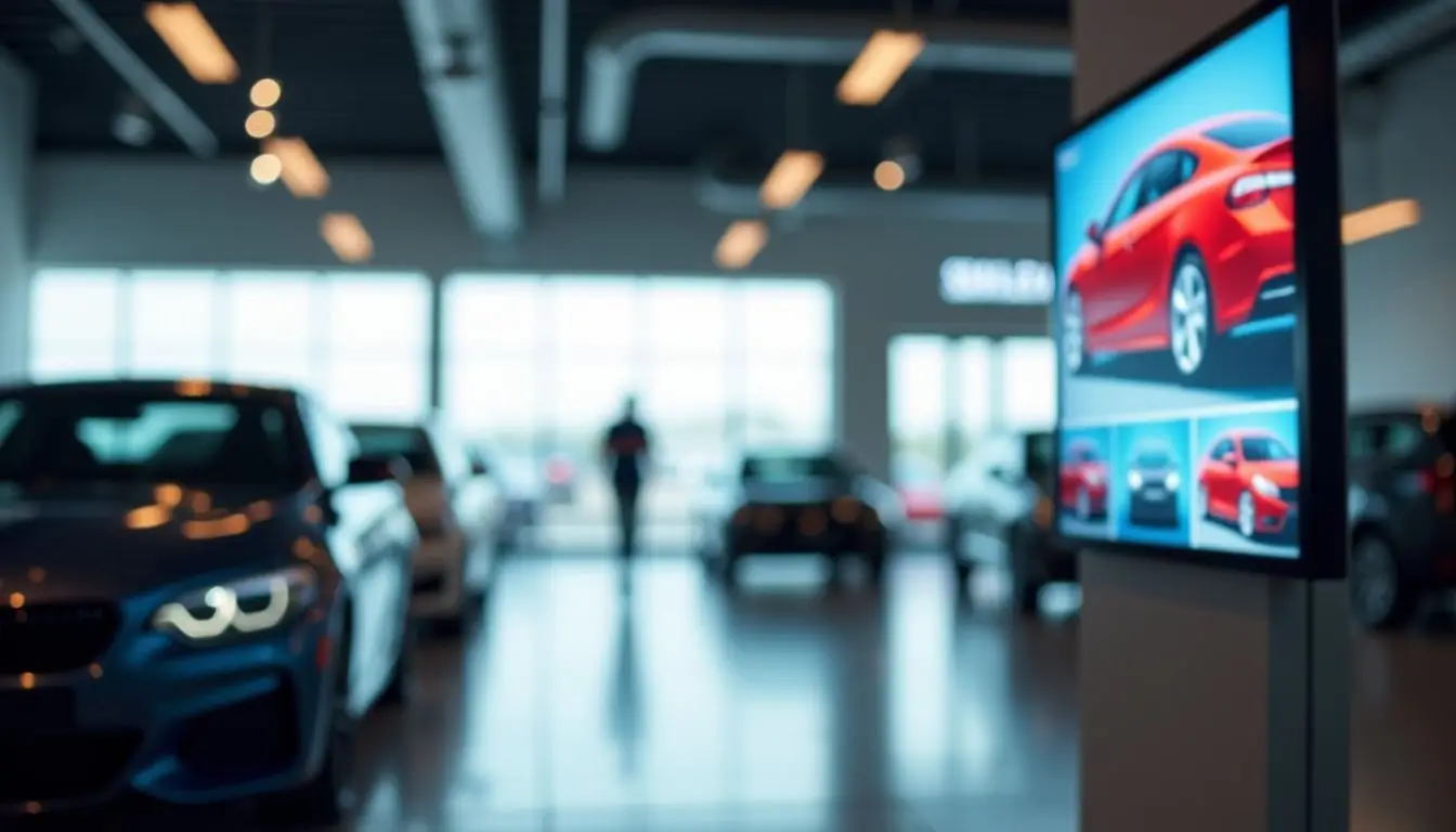 A modern car showroom with colorful car advertisements and sleek design.