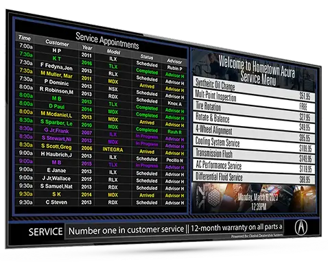 Service Drive Digital Signs 6 DMS Service Status screen showing live vehicle repair progress.