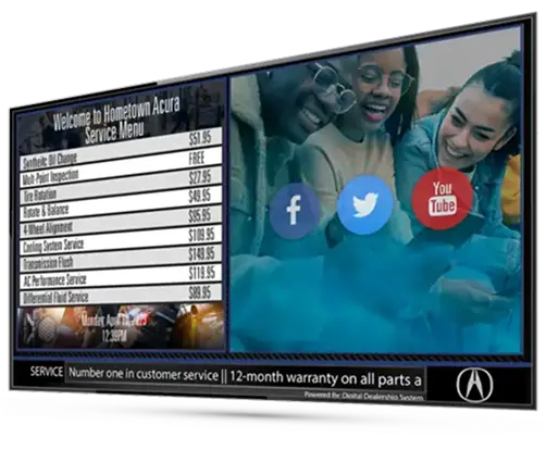Service Drive Digital Signs 11 Service Menu display showing maintenance options and pricing.