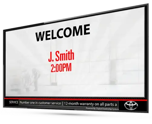 Service Drive Digital Signs 21 Welcome Board showing dealership greetings and scheduled appointments.